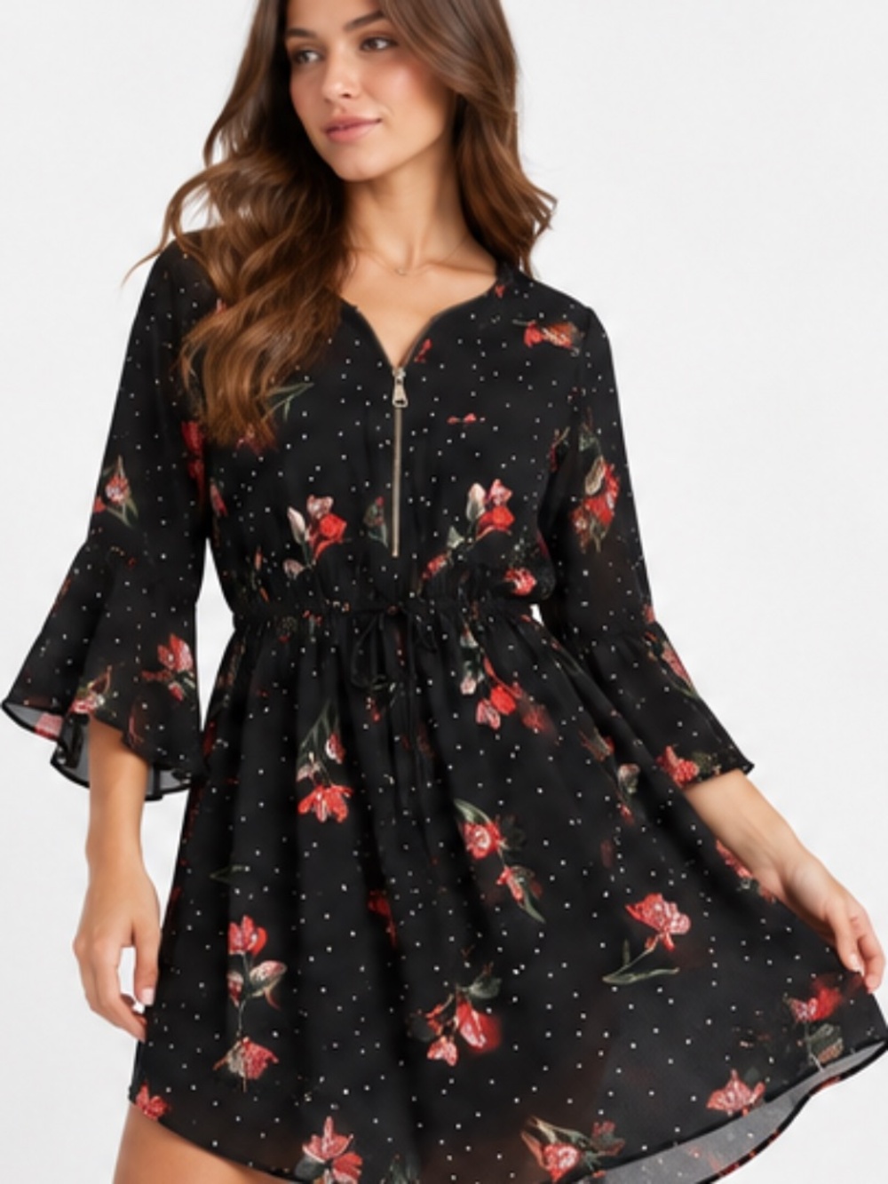 Black Floral Polka Dot Bell Sleeve Dress